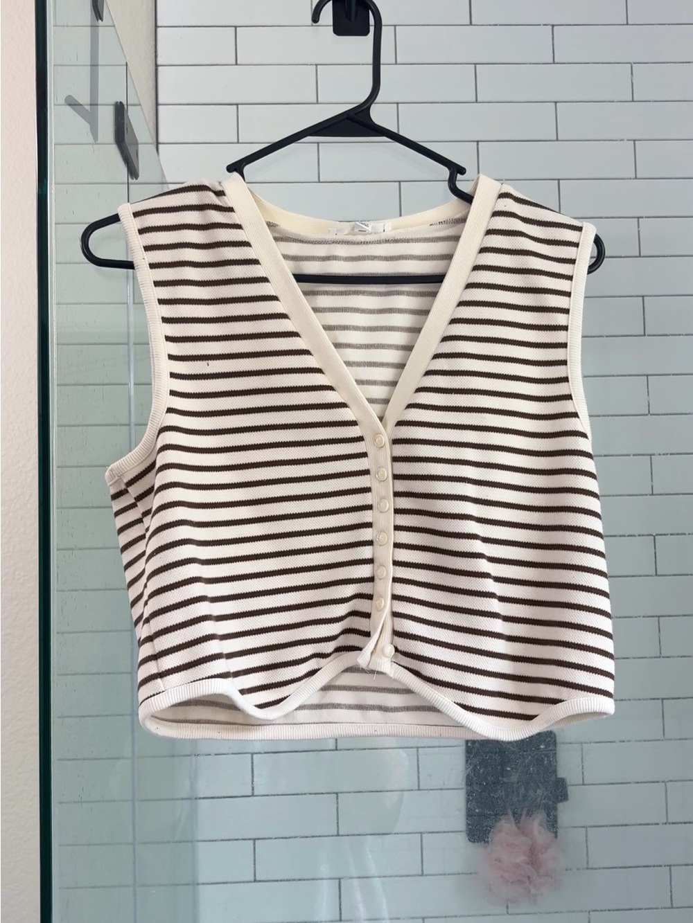Striped V-Neck Button Front Tank Top - Cream & Brown